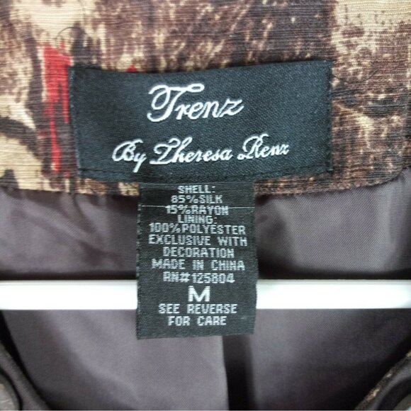 Vintage Art to Wear Silk Blazer Womens M Brown Abstract Metallic Trim Boho 90s - Picture 5 of 8